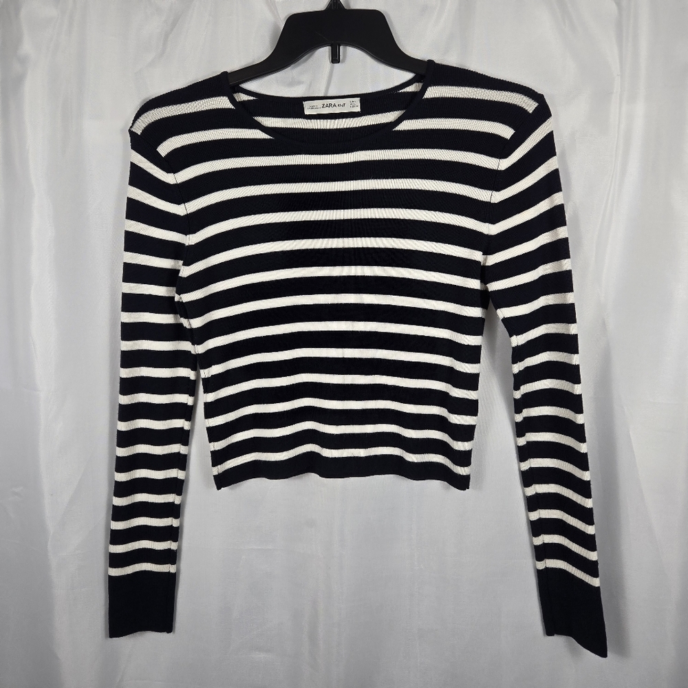 Zara Knit Womens Black White Stripe Long Sleeve Cropped Sweater Size Large